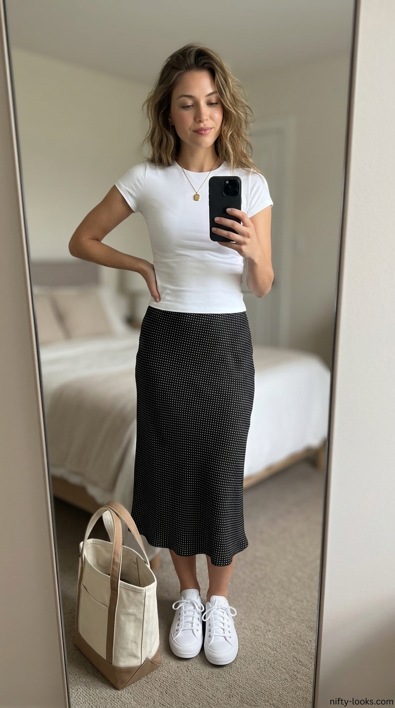 Classic summer polka dots outfits for women 2026: Black polka dot midi skirt with white tee and sneakers.