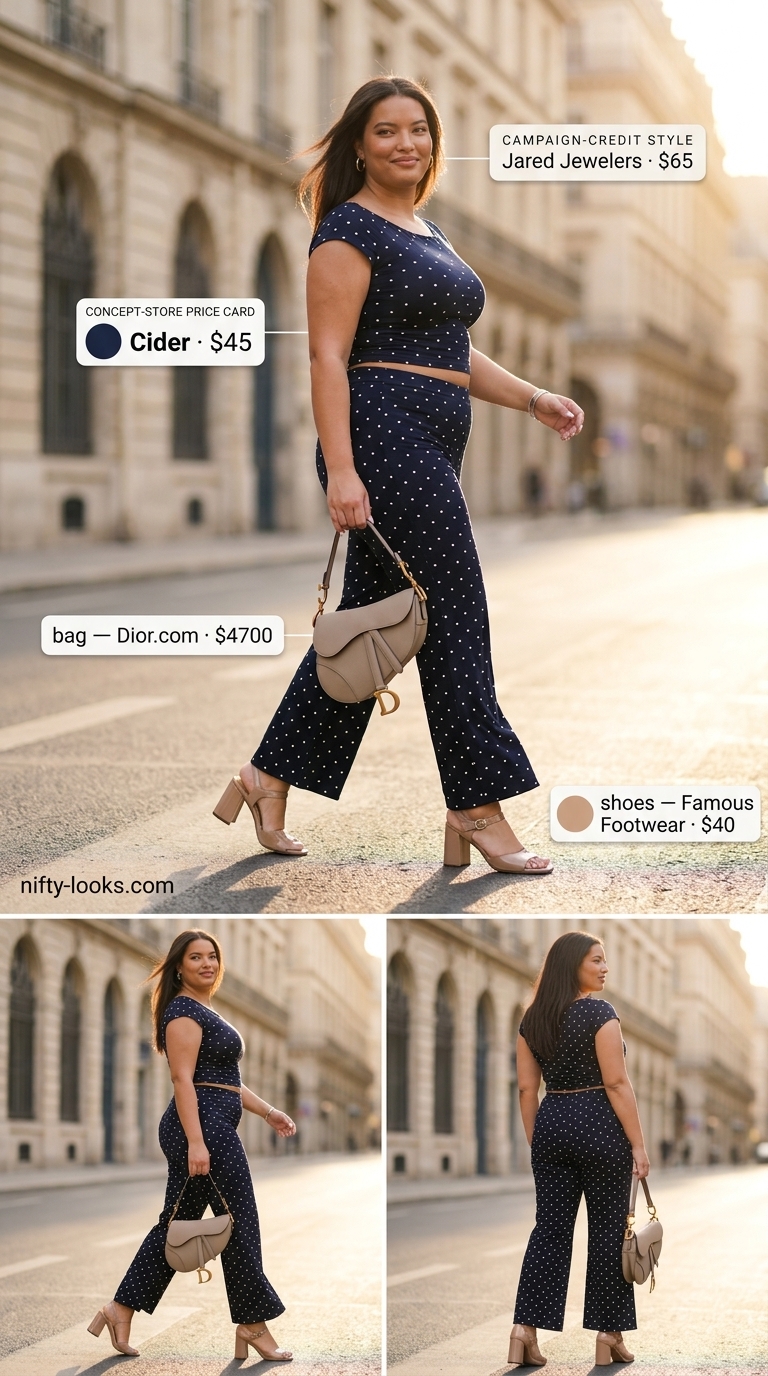 Classic summer polka dots outfits for women 2026: Navy polka dot suit with tan sandals for smart casual events.
