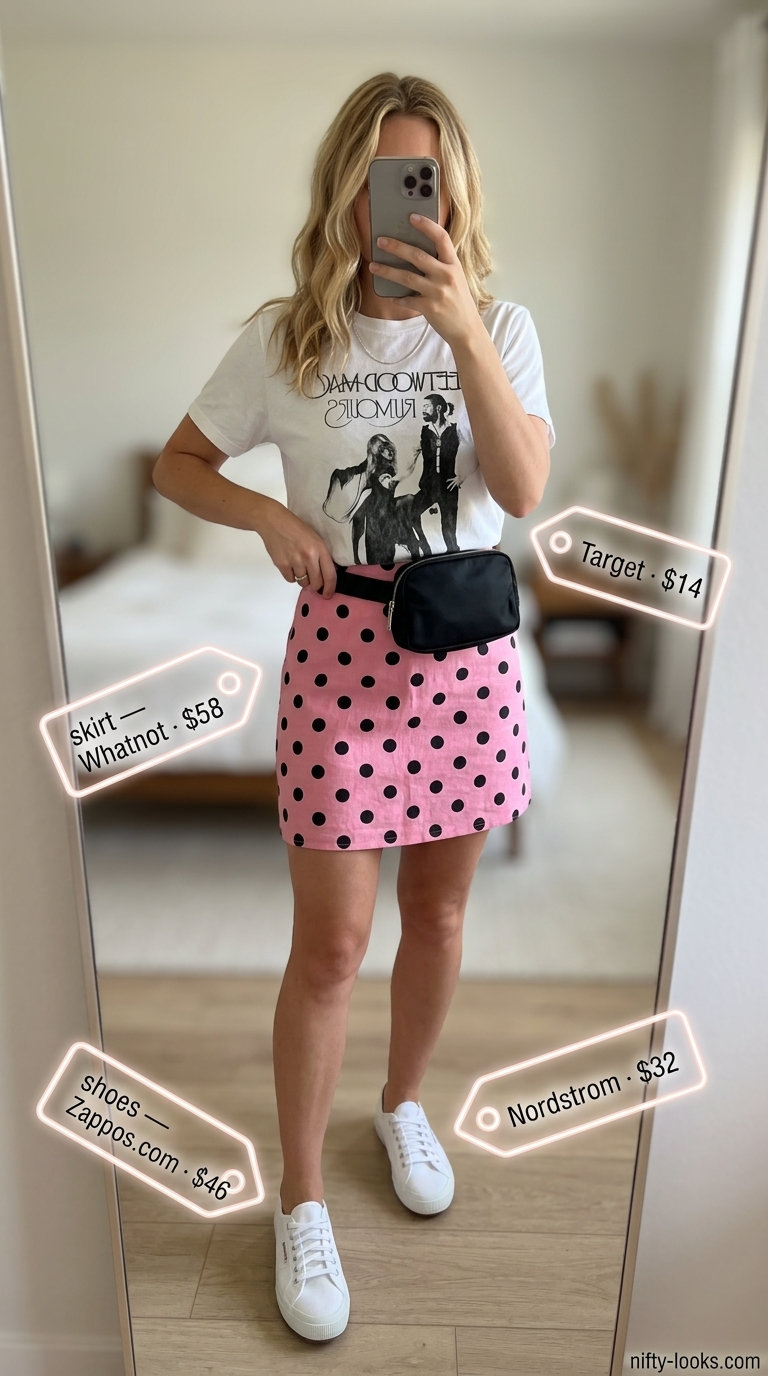 Classic summer polka dots outfits for women 2026: Pink polka dot mini skirt with graphic tee, sneakers, and belt bag for a playful look.