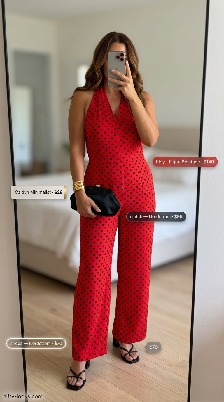 Classic summer polka dots outfits for women 2026: Red wide-leg jumpsuit with black polka dots, strappy heels, and clutch for an evening event.