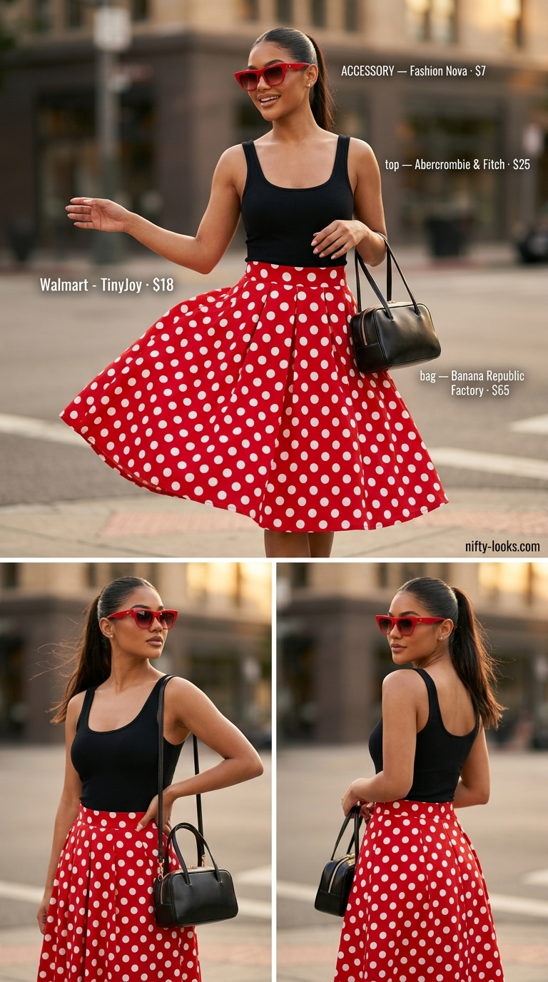 Classic summer polka dots outfits for women 2026: Red polka dot midi skirt with black top, kitten heels, and cat-eye sunglasses for retro flair.