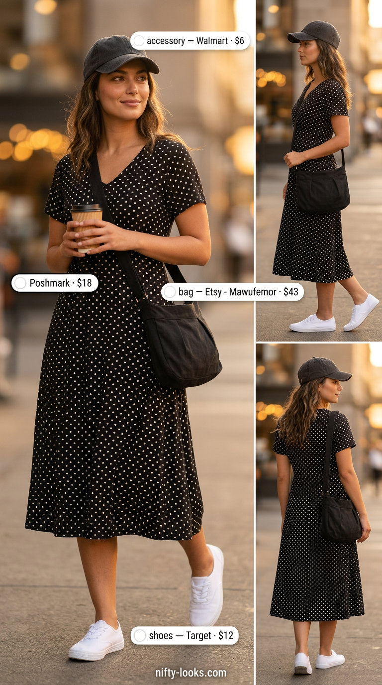 Classic summer polka dots outfits for women 2026: Black and white polka dot t-shirt dress with sneakers and a crossbody bag for casual days.
