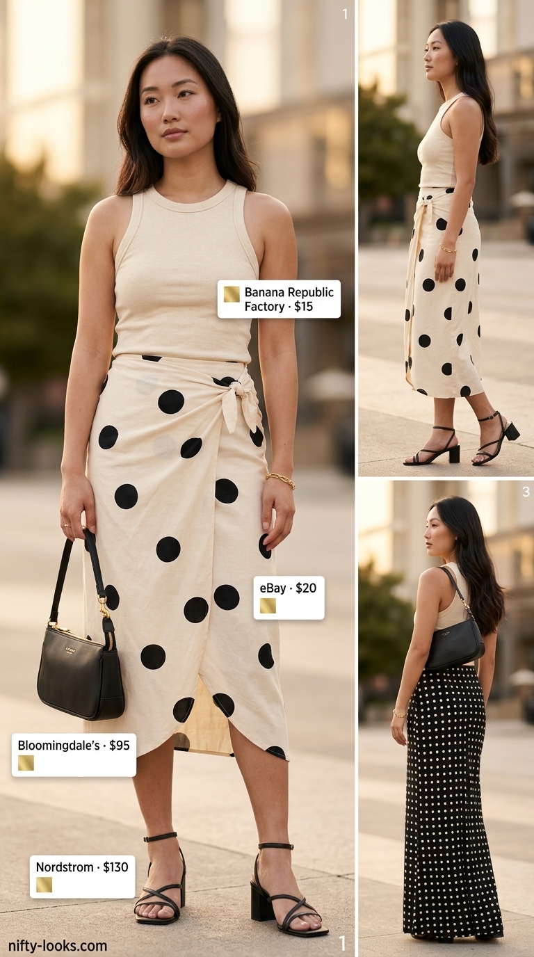 Classic summer polka dots outfits for women 2026: Beige polka dot wrap skirt with ribbed tank and sandals.
