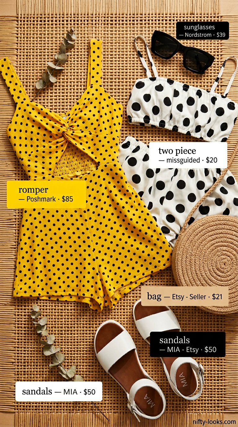 Classic summer polka dots outfits for women 2026: Yellow romper with black polka dots, cat-eye sunglasses, and platform sandals for a fun day.