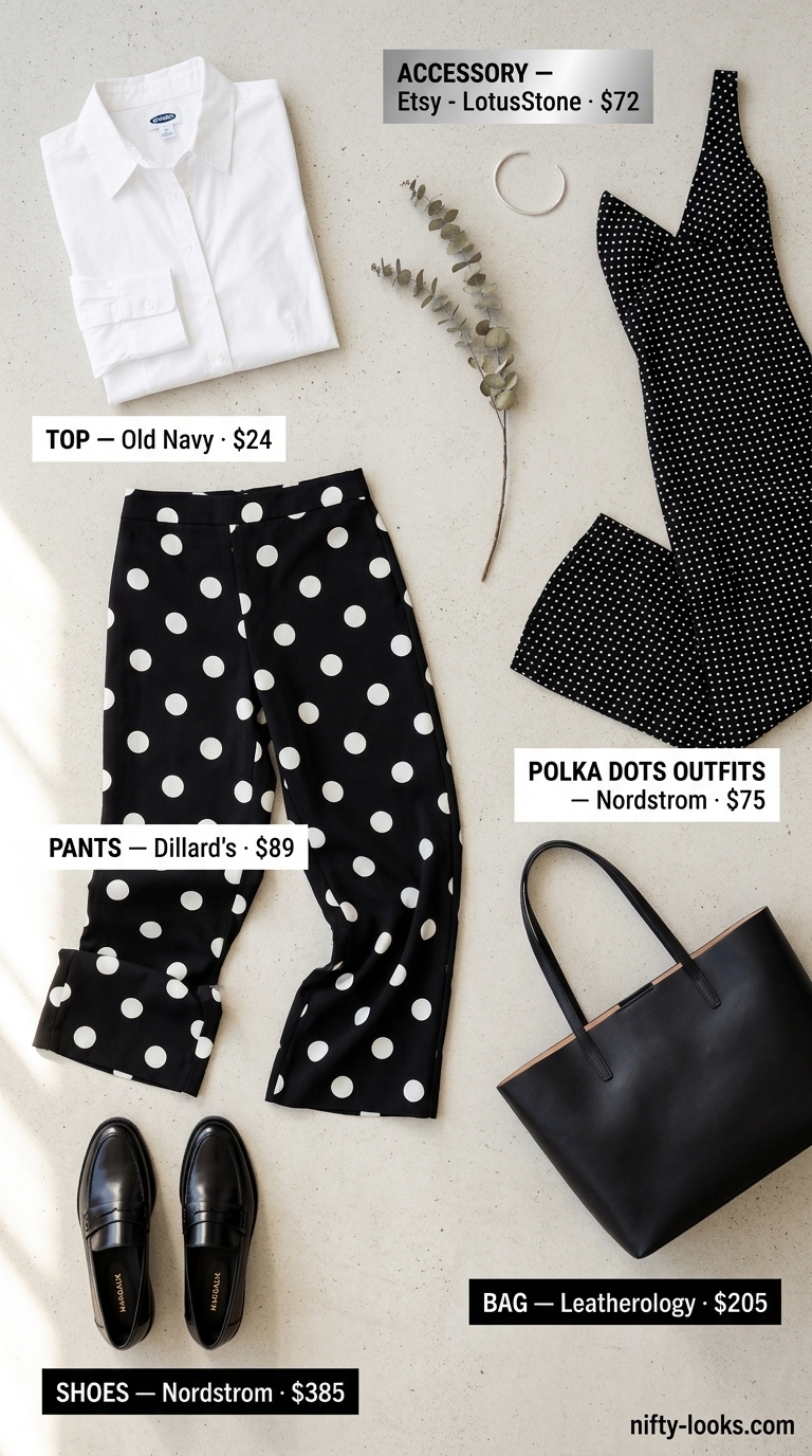 Classic summer polka dots outfits for women 2026: Black polka dot trousers, white shirt, loafers for office chic.