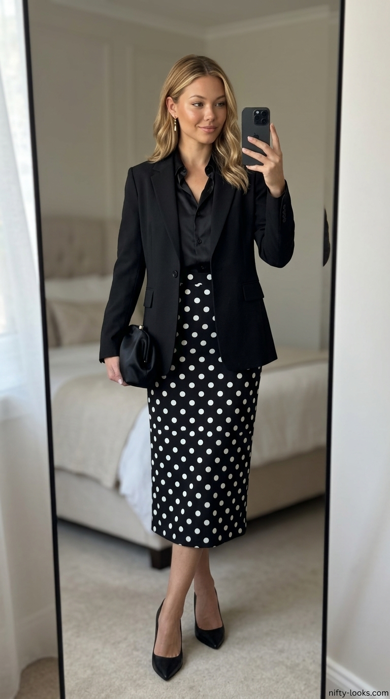 Classic summer polka dots outfits for women 2026: Elegant black polka dot midi skirt, ivory blouse for wedding guest.