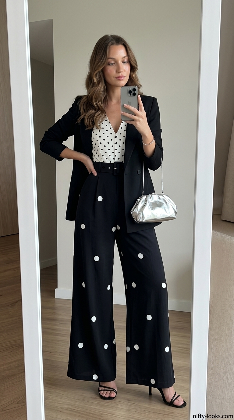 Classic summer polka dots outfits for women 2026: Chic black polka dot wide-leg jumpsuit for evening events.
