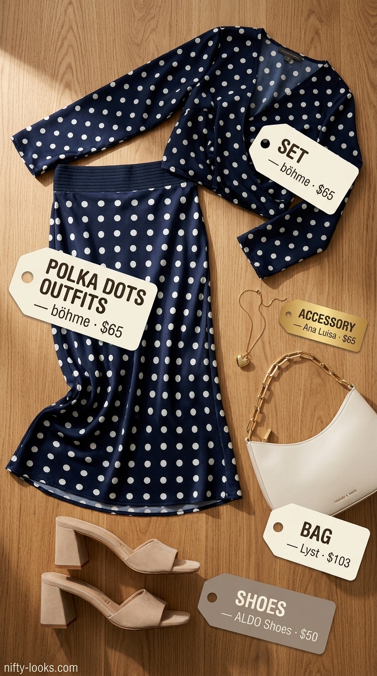 Classic summer polka dots outfits for women 2026: Navy polka dot knit set for chic summer evenings.