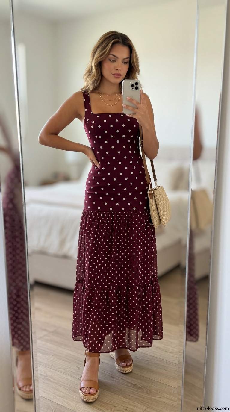 Classic summer polka dots outfits for women 2026: Burgundy polka dot maxi dress for elegant summer evenings.