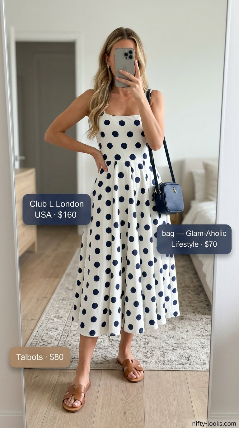 Classic summer polka dots outfits for women 2026: Navy polka dot midi wrap dress for brunch or garden party.