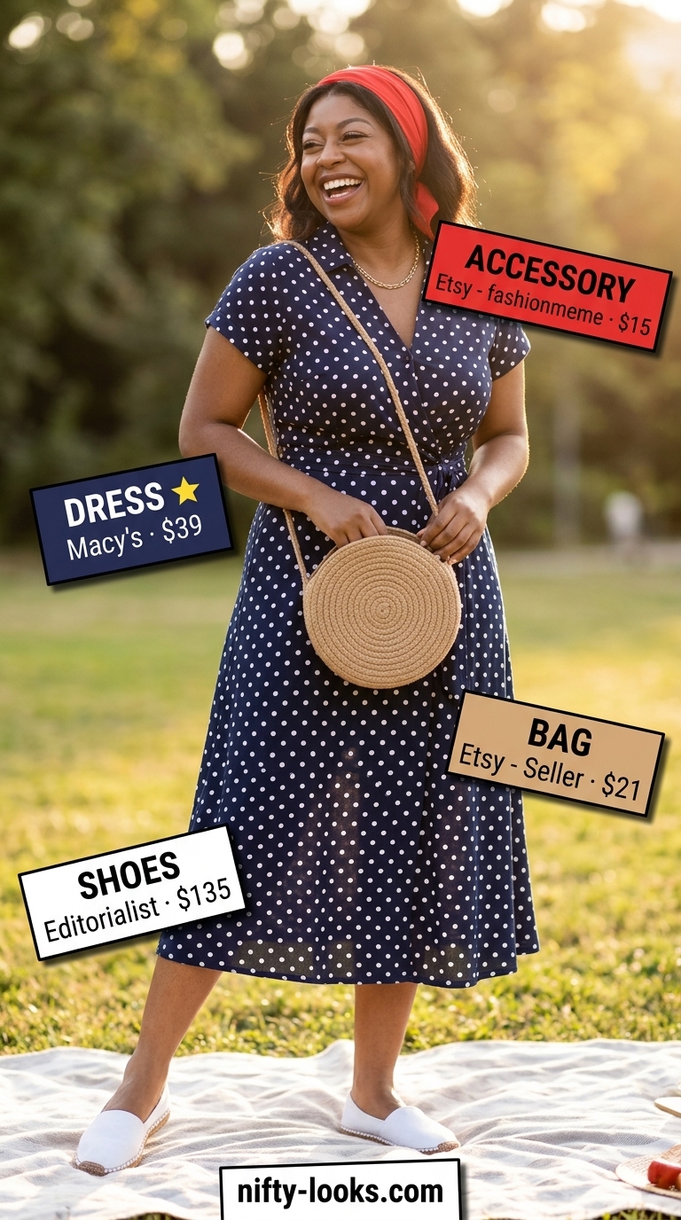 Classic summer polka dots outfits for women 2026: Navy polka dot midi dress with red bandana for a picnic.
