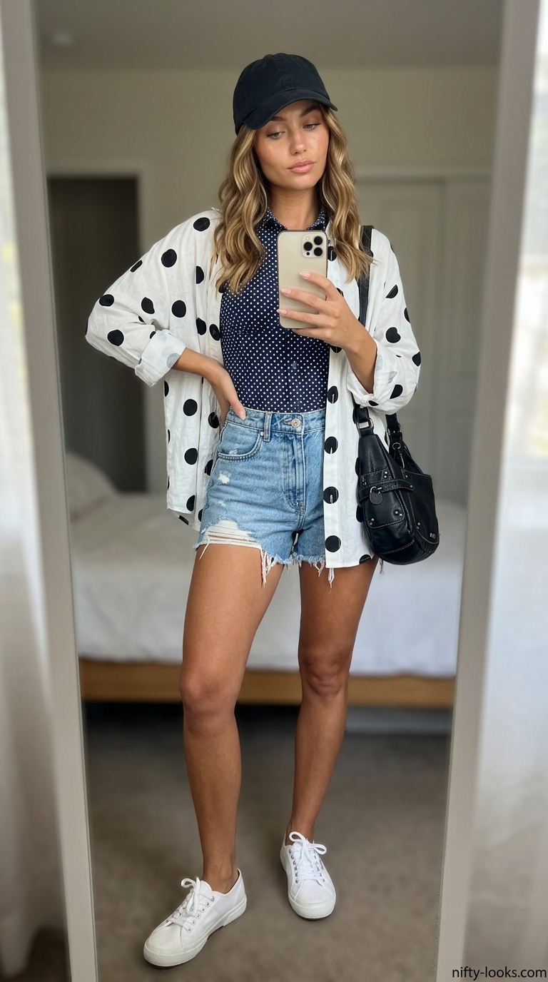 Classic summer polka dots outfits for women 2026: Black polka dot shirt with denim shorts for retro cool.