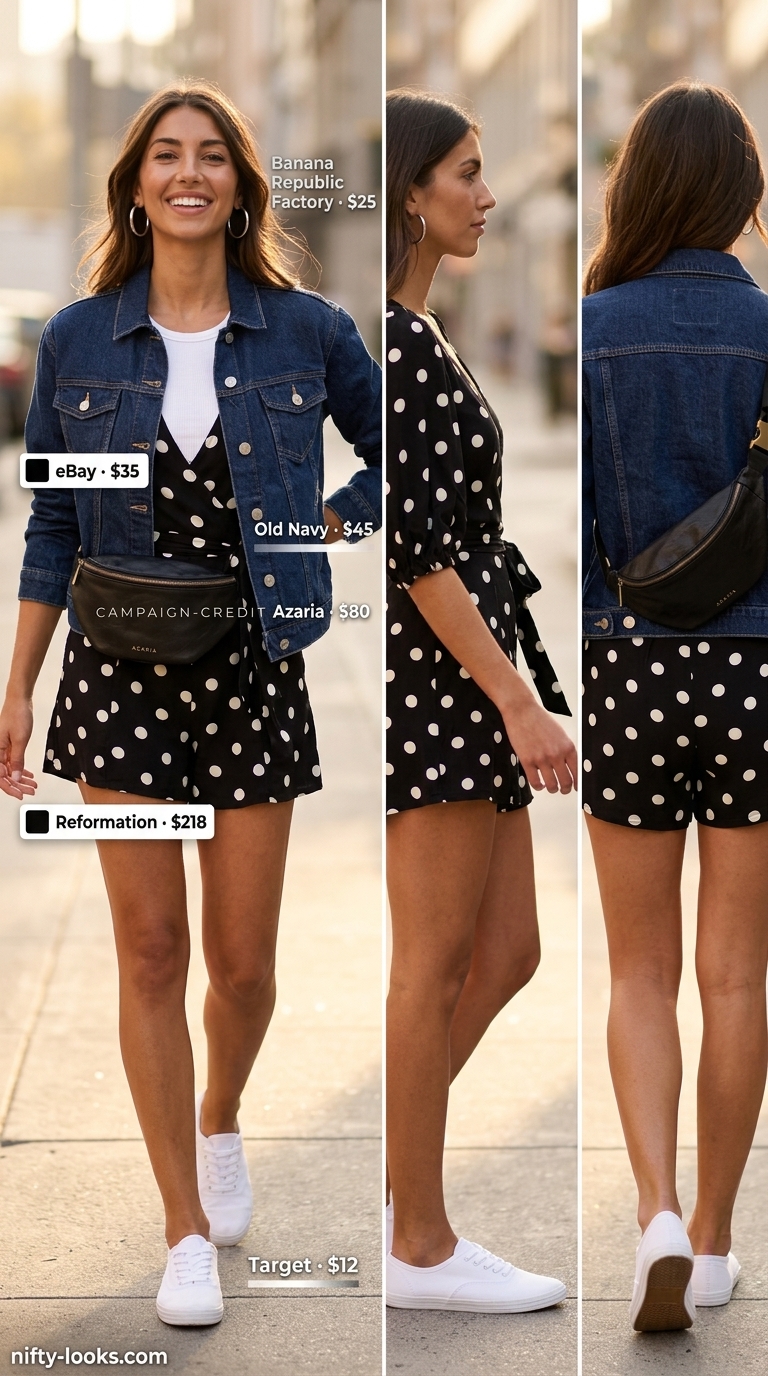Classic summer polka dots outfits for women 2026: Playful black polka dot romper with denim jacket for casual fun.