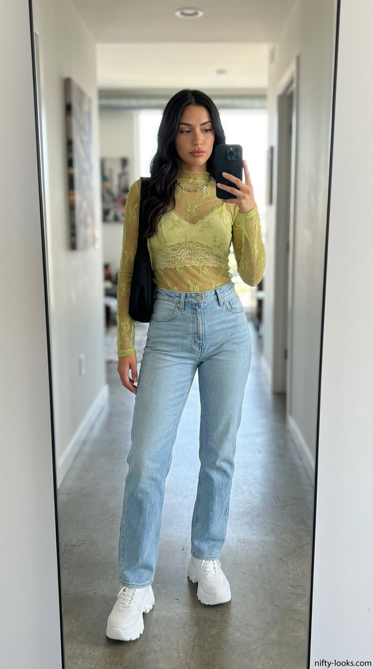 Colorful Miami Summer Outfits 2026: Chartreuse Top & Denim Colorful Miami summer outfits for women 2026: Chartreuse mesh top, light wash jeans, white sneakers for art walks.