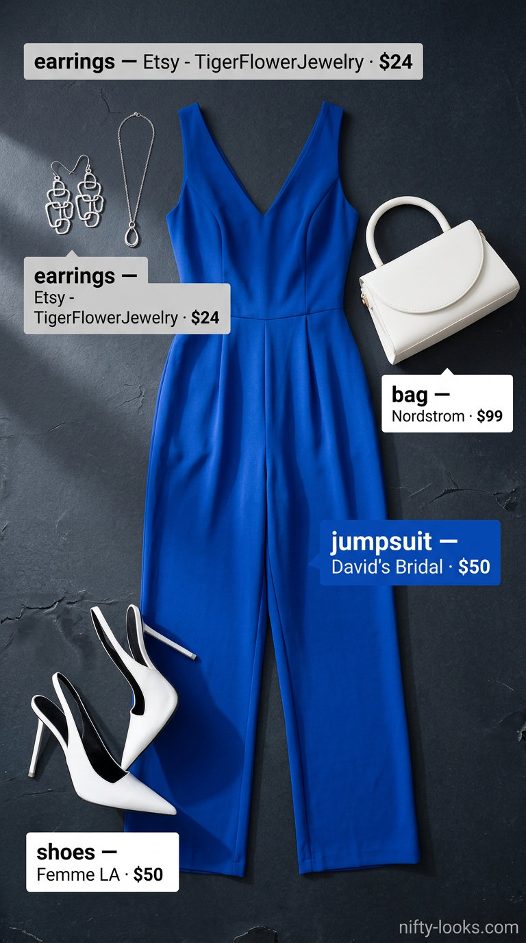 Colorful Miami Summer Outfits 2026: Cobalt Jumpsuit Cobalt blue jumpsuit for colorful Miami summer outfits for women 2026, paired with white heels and silver accessories.