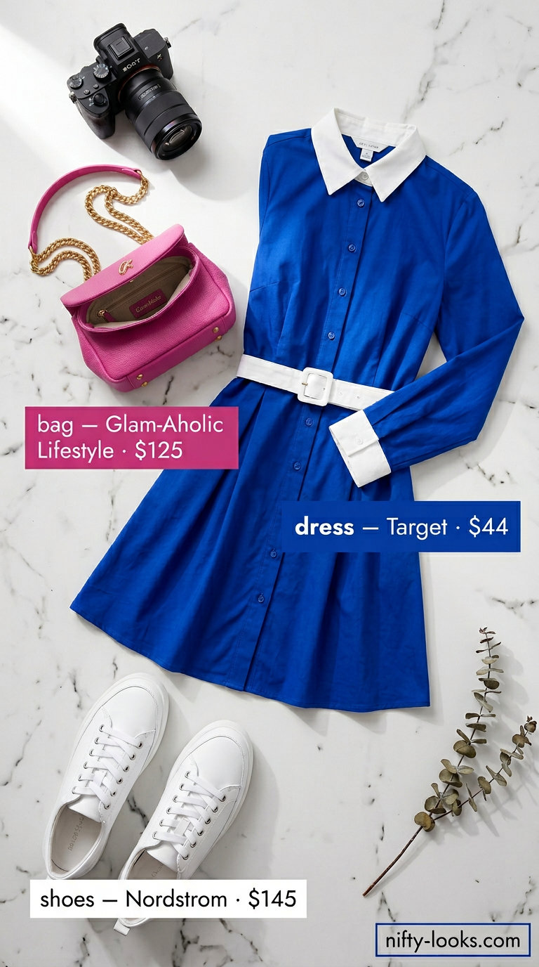Colorful Miami Summer Outfits 2026: Cobalt Shirt Dress Colorful Miami summer outfits for women 2026: Cobalt blue shirt dress, fuchsia bag, white sneakers for museum visit.
