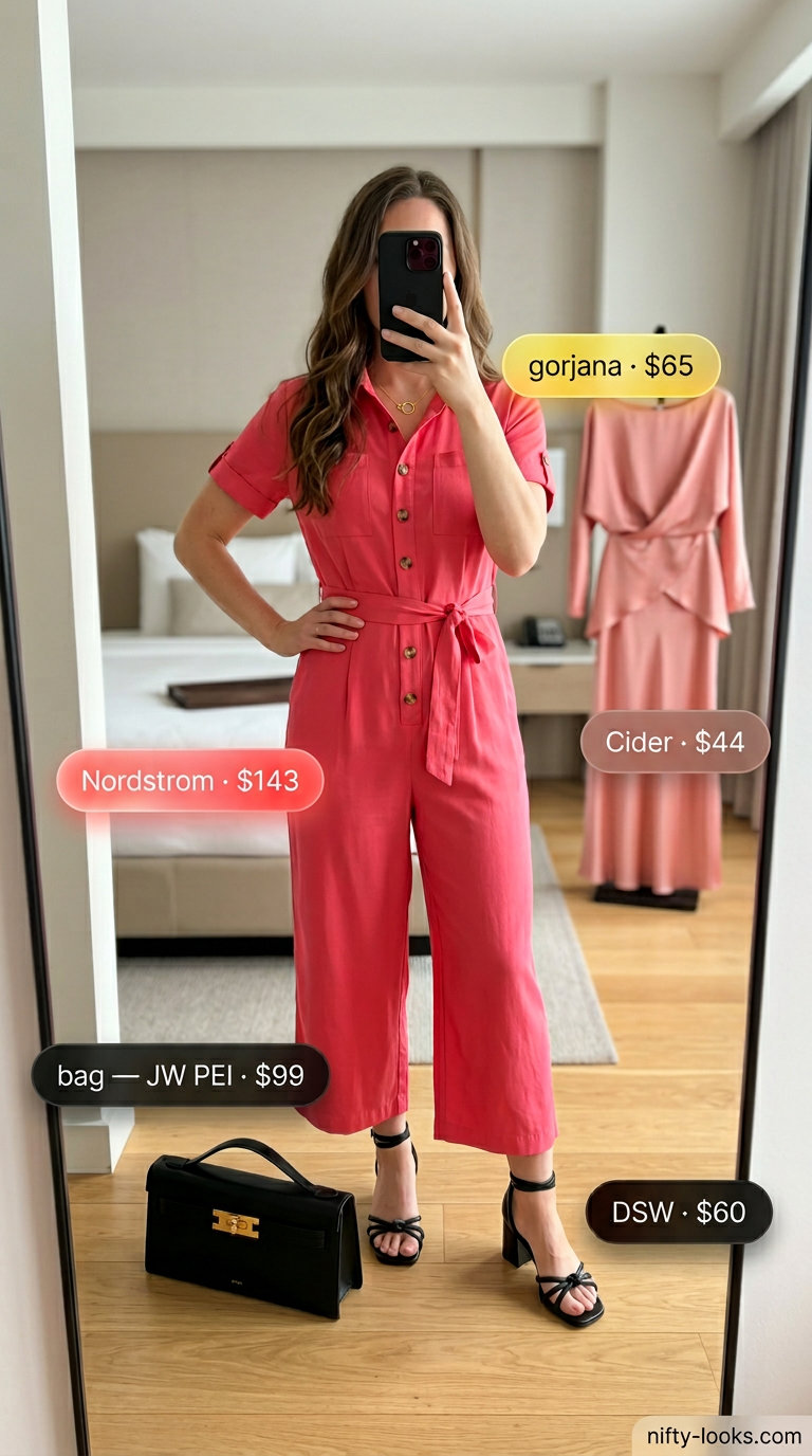 Colorful Miami Summer Outfits 2026: Coral Jumpsuit Coral utility jumpsuit for colorful Miami summer outfits for women 2026, paired with black sandals and mini tote bag.