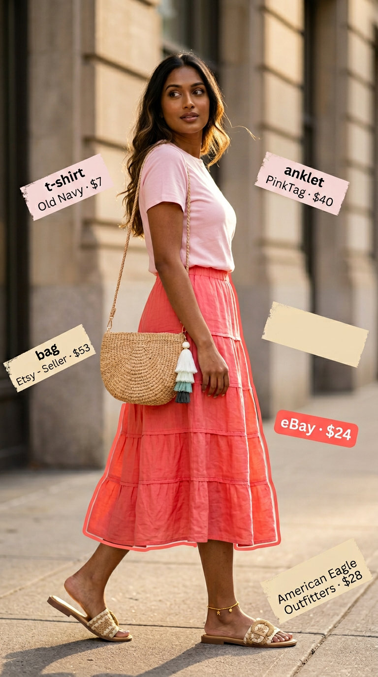 Colorful Miami Summer Outfits 2026: Coral Skirt Lunch Colorful Miami summer outfits for women 2026: Coral tiered skirt, cream tank top, straw bag for beach club lunch.