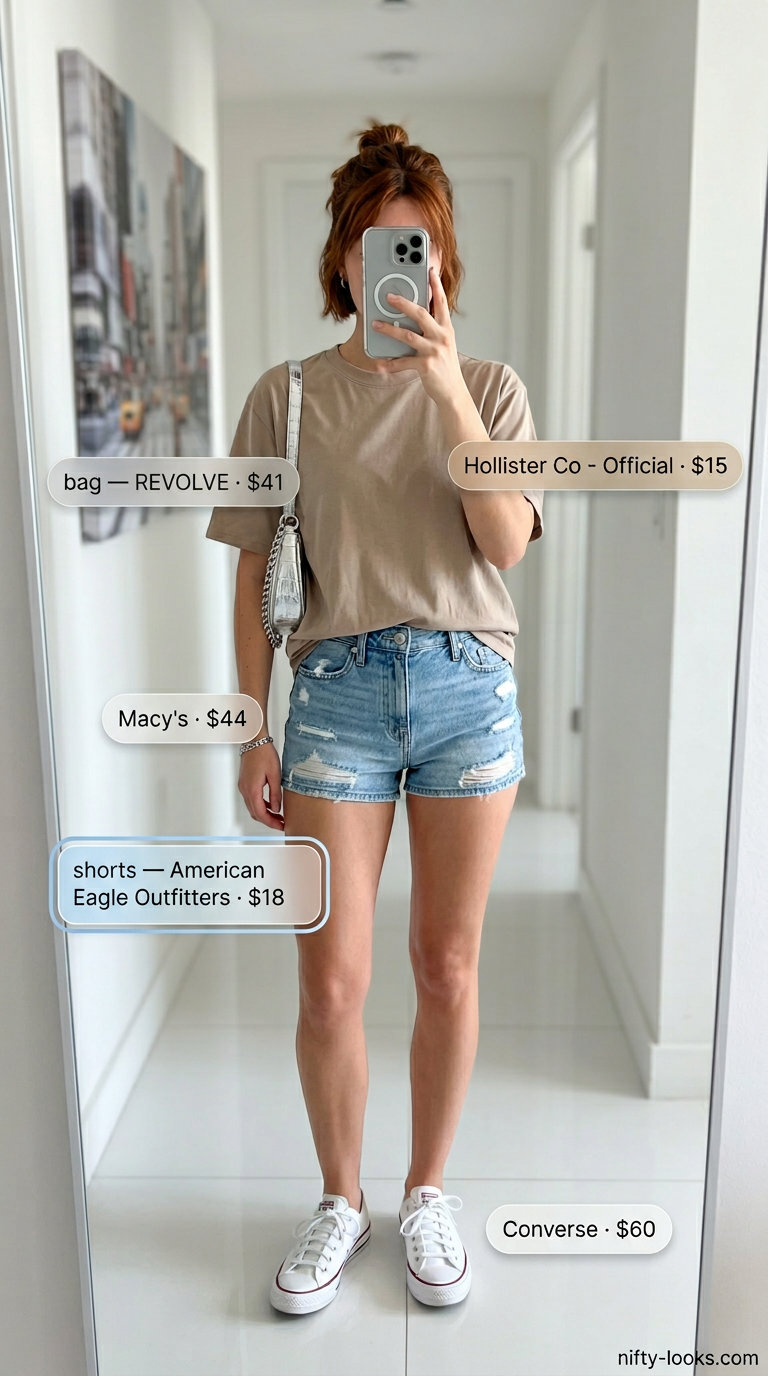 Colorful Miami Summer Outfits 2026: Denim Shorts Look Lime green oversized shirt with denim shorts for colorful Miami summer outfits for women 2026, styled with white sneakers.