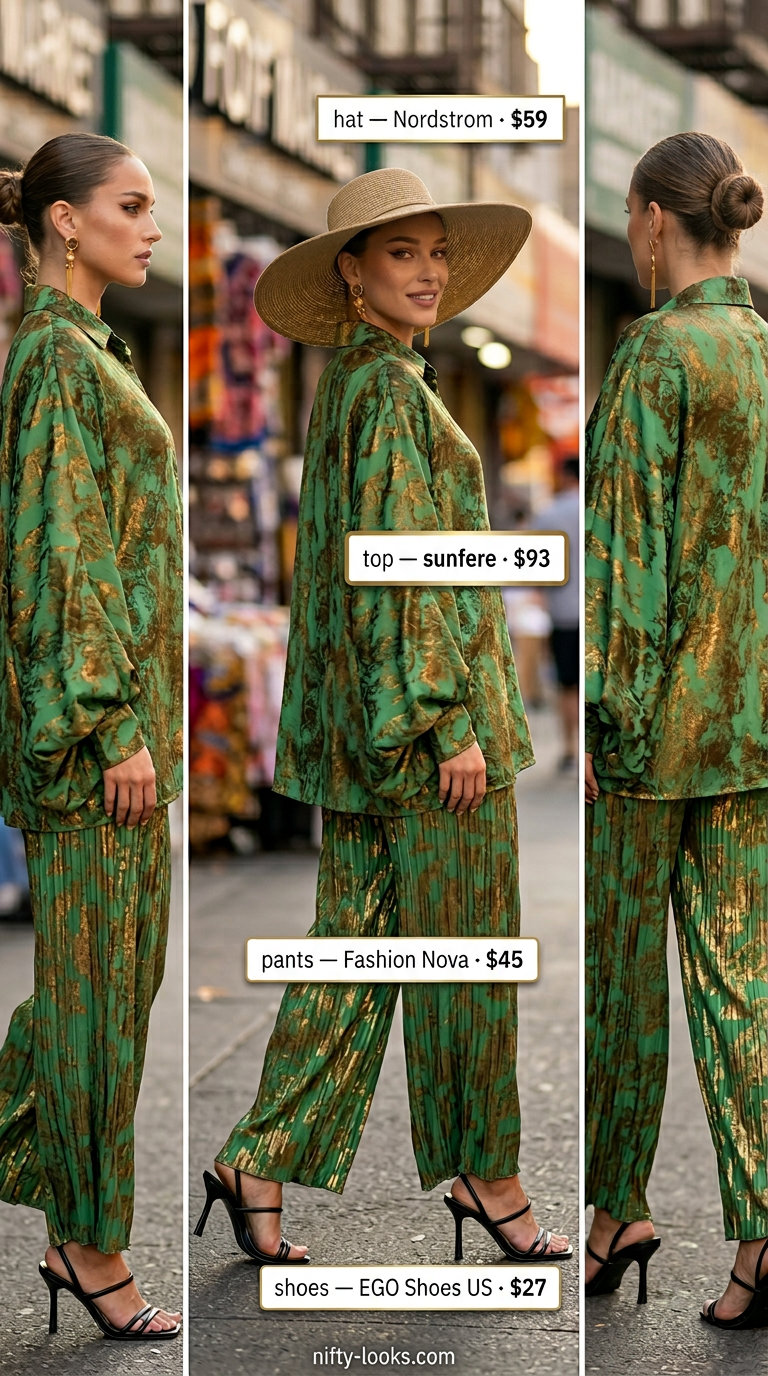 Colorful Miami Summer Outfits 2026: Emerald Floral Set Emerald green floral matching set for colorful Miami summer outfits for women 2026, with gold accessories and straw hat.