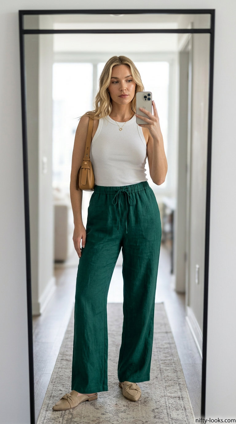 Colorful Miami Summer Outfits 2026: Emerald Pants & White Tank Colorful Miami summer outfits for women 2026: Emerald green linen pants, white tank, beige bag for business casual.