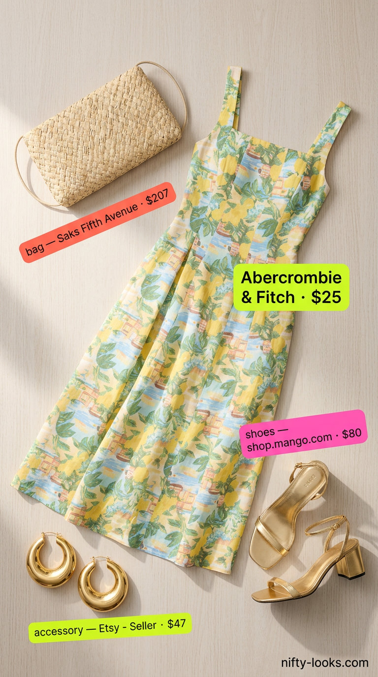 Colorful Miami Summer Outfits 2026: Floral Maxi Dress Tropical floral maxi dress for colorful Miami summer outfits for women 2026, paired with gold sandals and straw clutch.