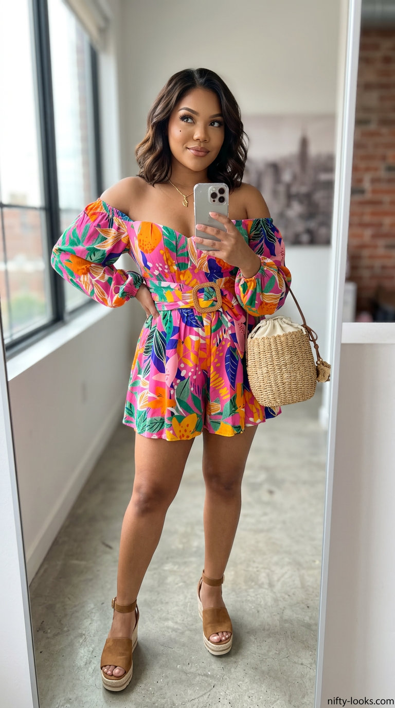 Colorful Miami Summer Outfits 2026: Floral Romper Multi-color tropical floral romper for colorful Miami summer outfits for women 2026, with espadrilles and straw bag.