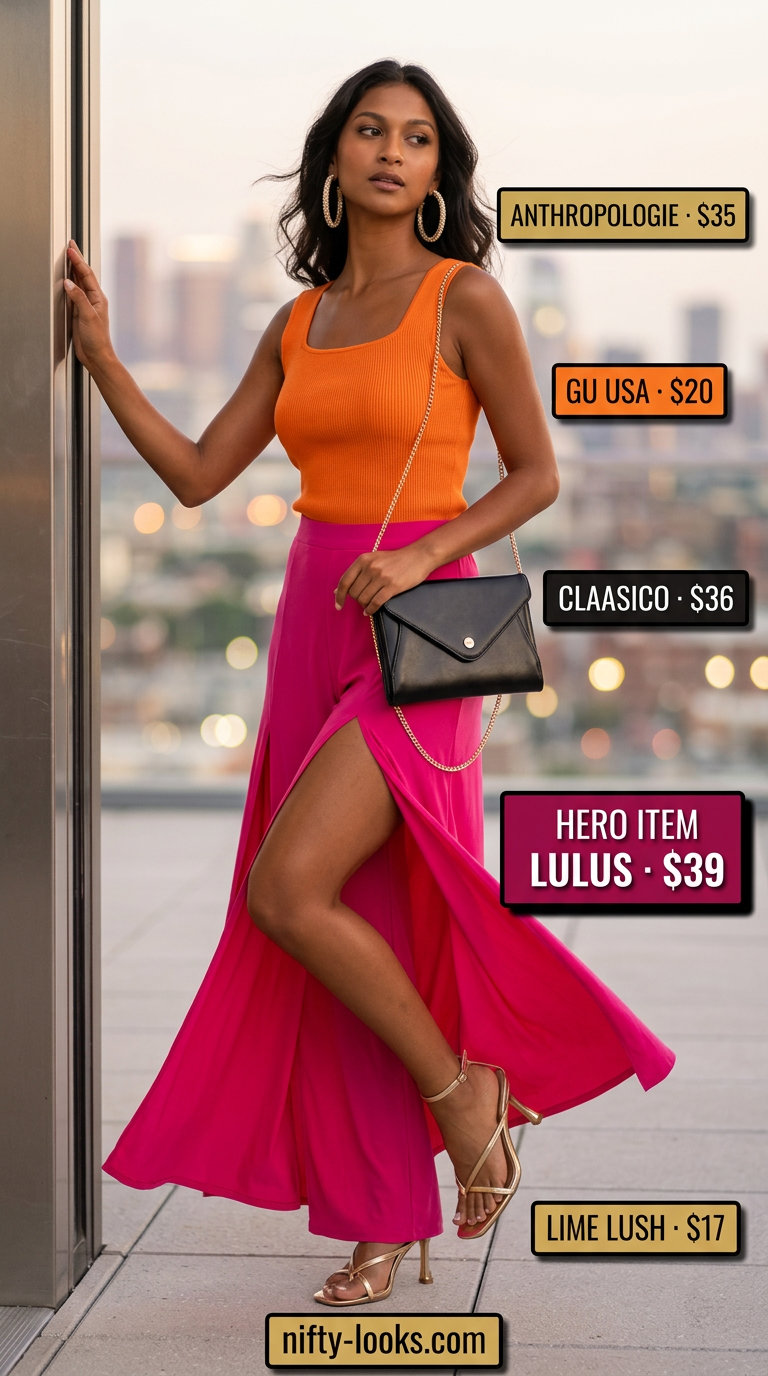 Colorful Miami Summer Outfits 2026: Fuchsia Pants & Orange Top Colorful Miami summer outfits for women 2026: Fuchsia wide-leg pants, orange knit top, gold sandals for evening cocktails.