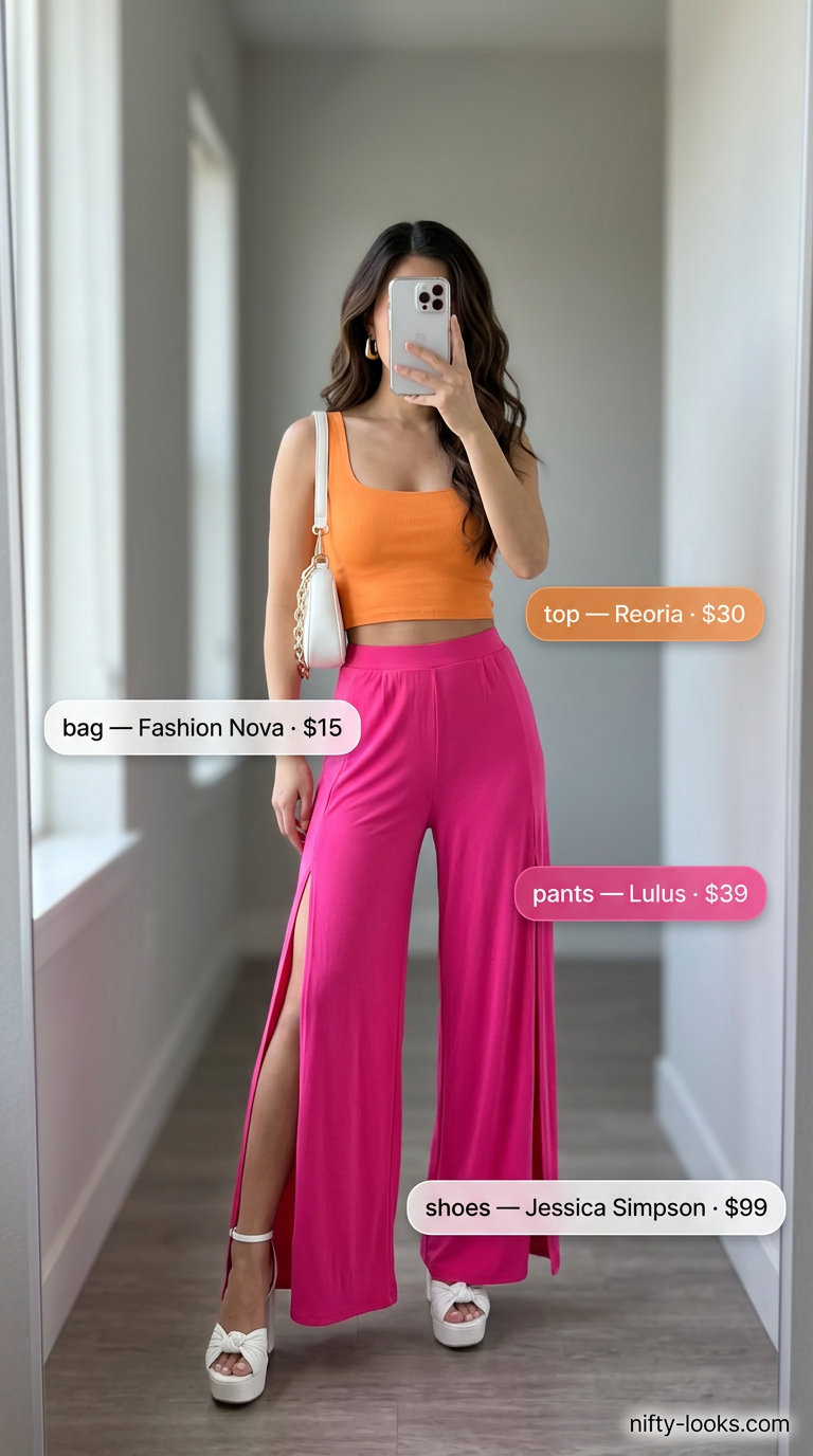 Colorful Miami Summer Outfits 2026: Pink Wide-Leg Pants Colorful Miami summer outfits for women 2026: Hot pink wide-leg pants, tangerine crop top, gold hoops for city exploration.