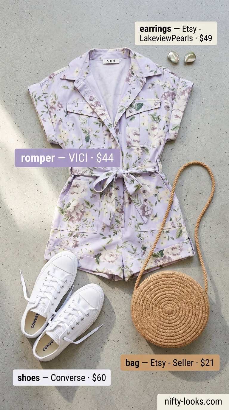Colorful Miami Summer Outfits 2026: Lavender Romper Colorful Miami summer outfits for women 2026: Lavender romper, white sneakers, tan bag for garden party.