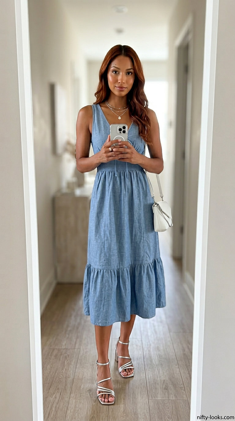 Colorful Miami Summer Outfits 2026: Lavender Slip Dress Colorful Miami summer outfits for women 2026: Lavender slip dress, silver sandals for sunset drinks.