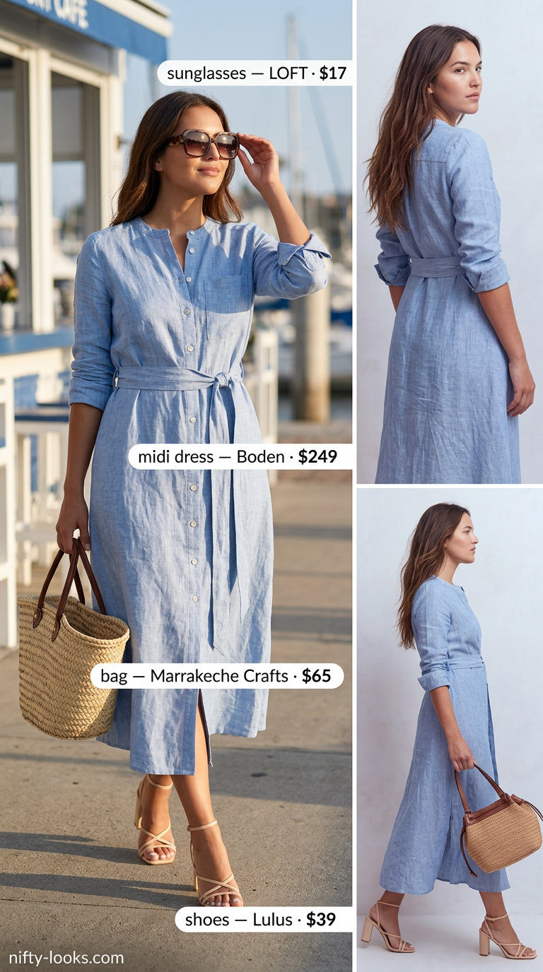 Colorful Miami Summer Outfits 2026: Linen Shirt Dress Sky blue linen midi shirt dress for colorful Miami summer outfits for women 2026, with straw tote and tortoiseshell sunglasses.