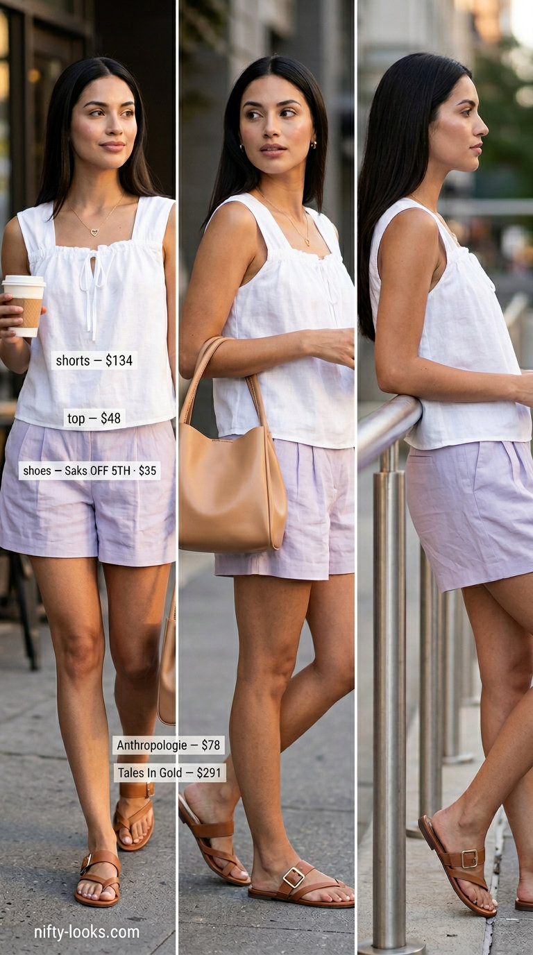 Colorful Miami Summer Outfits 2026: Linen Shorts Set Lavender linen shorts with white blouse for colorful Miami summer outfits for women 2026, paired with straw tote and leather slides.