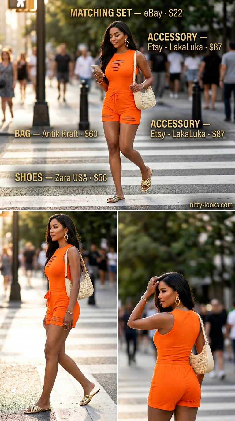 Colorful Miami Summer Outfits 2026: Orange Matching Set Colorful Miami summer outfits for women 2026: Orange matching set, cream bag, gold sandals for beach club.