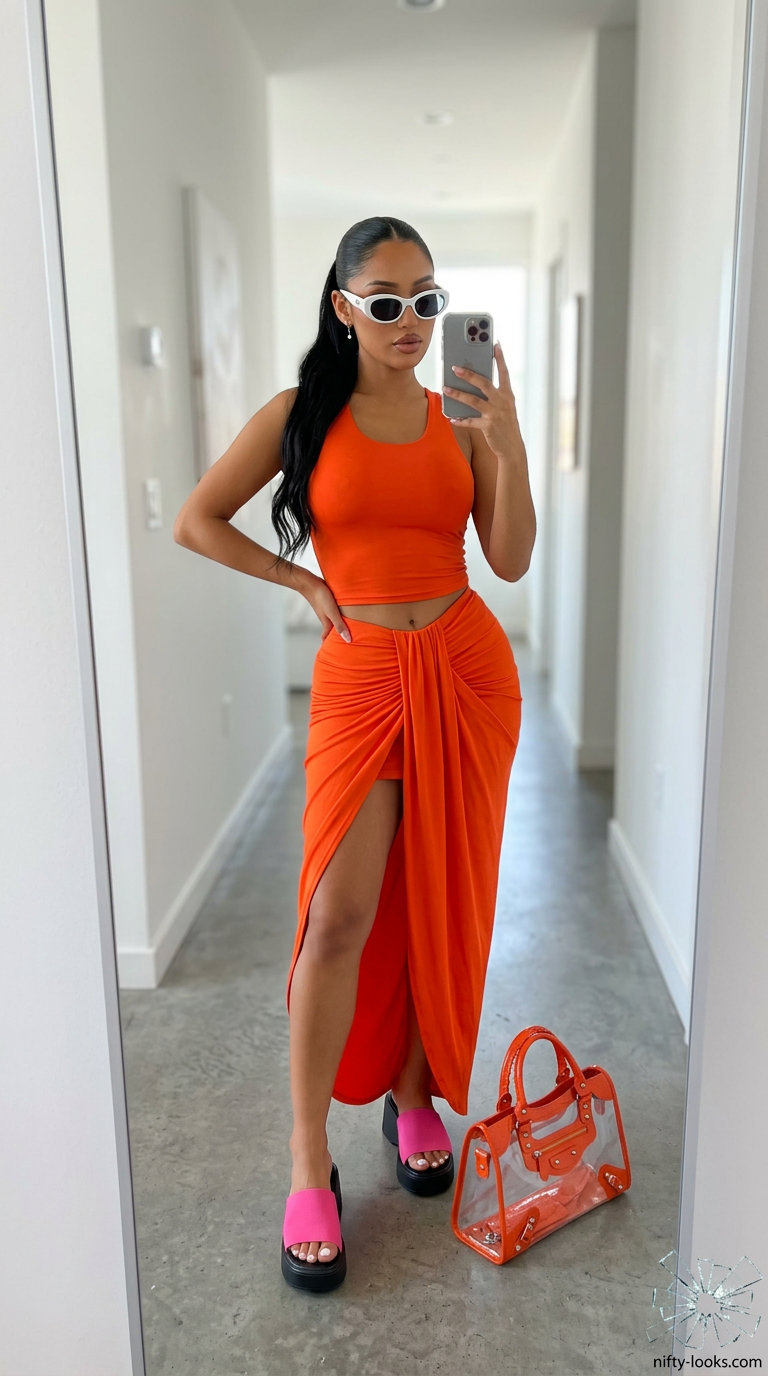 Colorful Miami Summer Outfits 2026: Pool Party Set Colorful Miami summer outfits for women 2026: Orange & pink floral matching set, platform slides, clear bag for pool party.