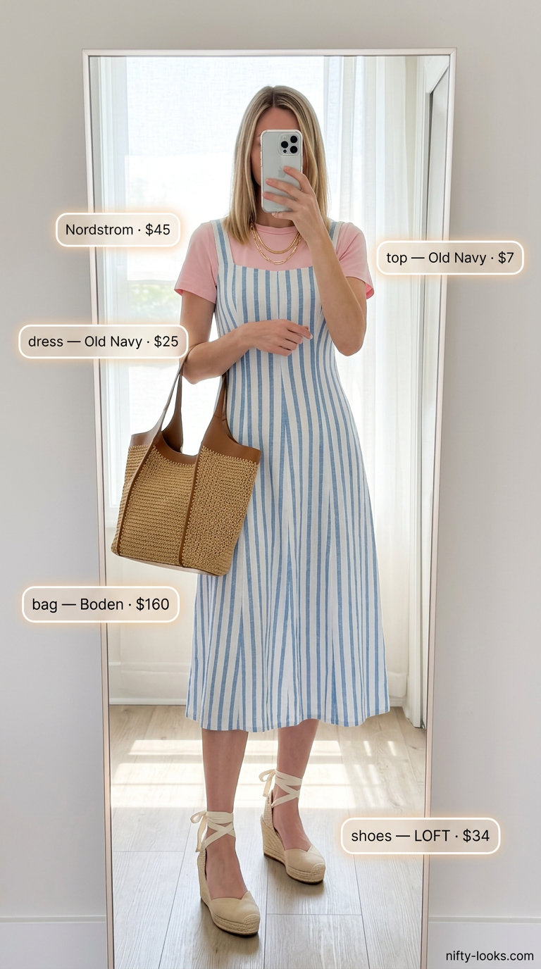 Colorful Miami Summer Outfits 2026: Sky Blue Dress Sky blue linen midi dress for colorful Miami summer outfits for women 2026, styled with espadrille wedges and straw tote.