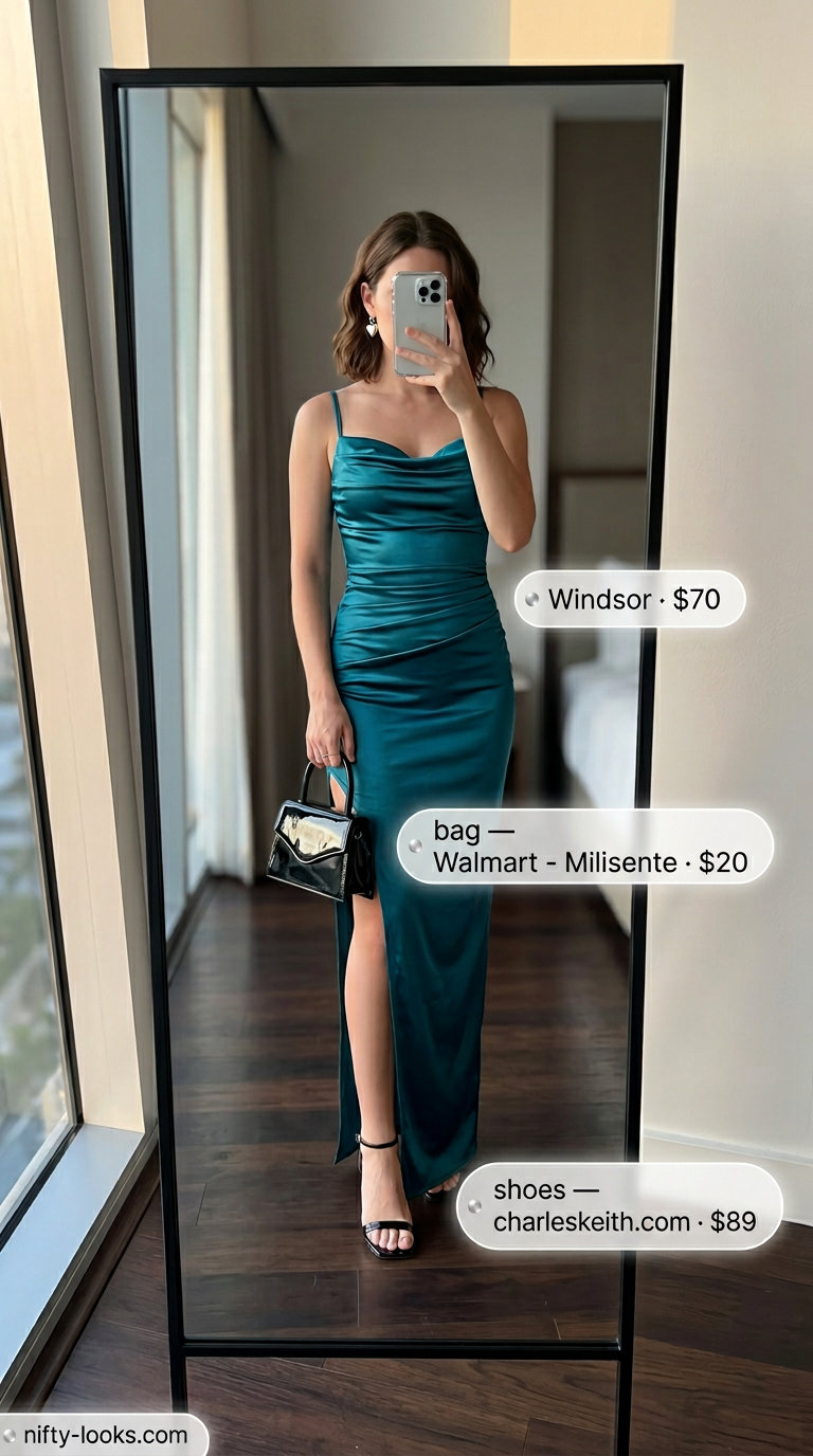 Colorful Miami Summer Outfits 2026: Teal Maxi Dress Colorful Miami summer outfits for women 2026: Teal maxi dress, black blazer for upscale dinner.