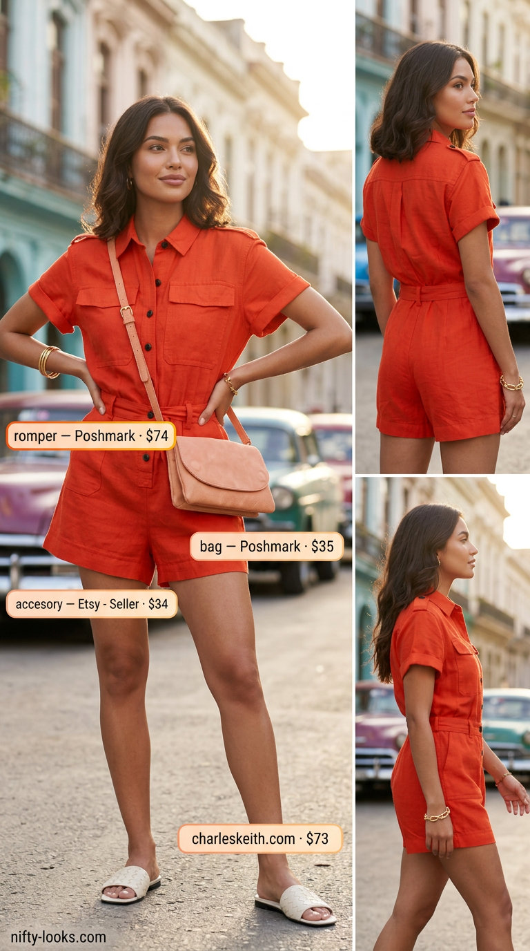 Colorful Miami Summer Outfits 2026: Teal Romper Colorful Miami summer outfits for women 2026: Teal romper, cream sandals, and peach crossbody bag for casual day out.