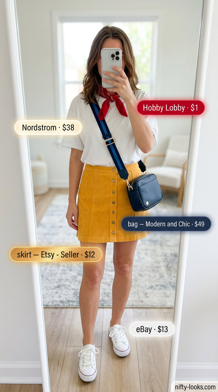 Colorful Miami Summer Outfits 2026: Yellow Skirt Outfit Colorful Miami summer outfits for women 2026: Yellow mini skirt, graphic tee, navy bag for daytime exploring.