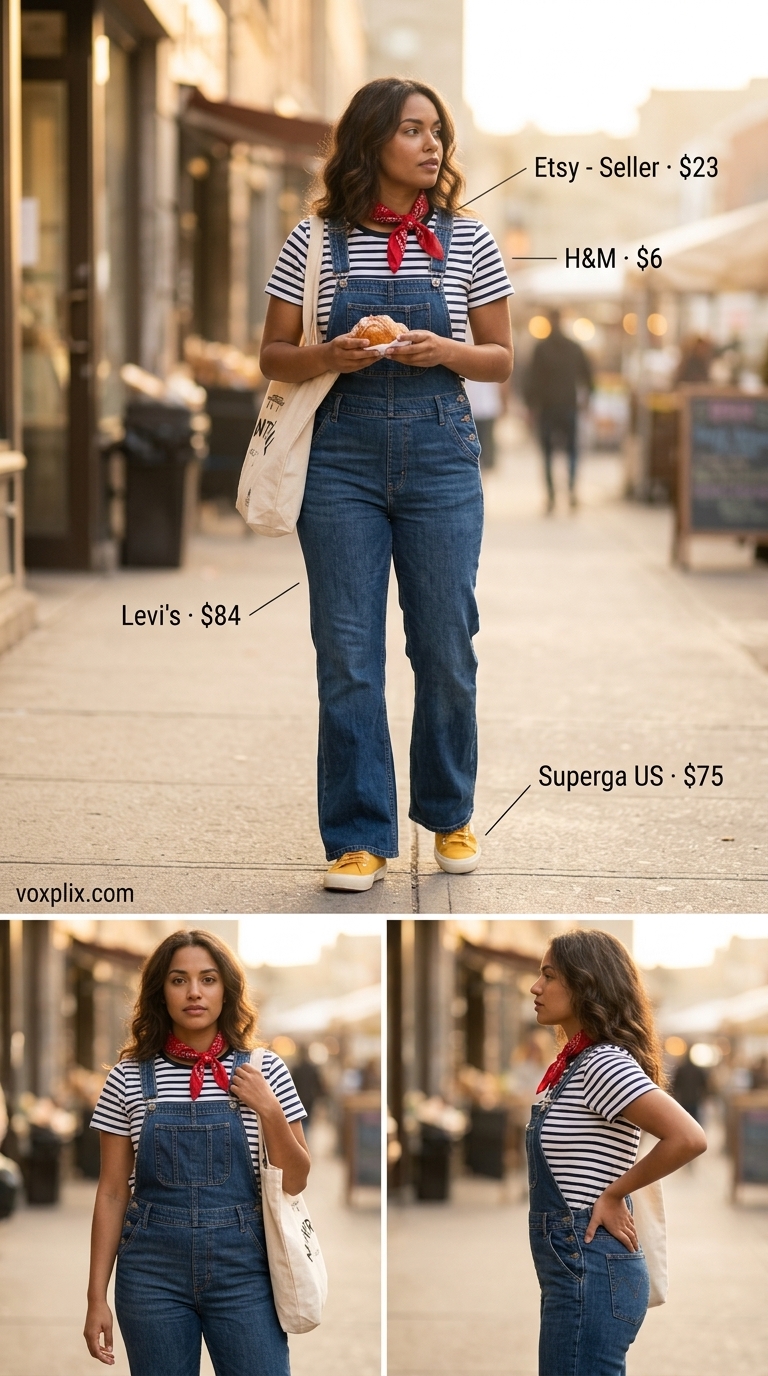 Comfy oversized summer outfits for women 2026: Denim overalls, striped tee, yellow sneakers, and tote bag for market strolls.
