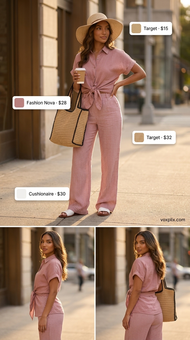 Comfy oversized summer outfits for women 2026: Coral linen co-ord set, white slides, and straw tote for beachside comfort.