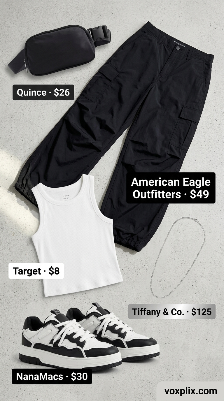 Comfy oversized summer outfits for women 2026: Black cargo pants, white tank, chunky sneakers, and belt bag for edgy street style.