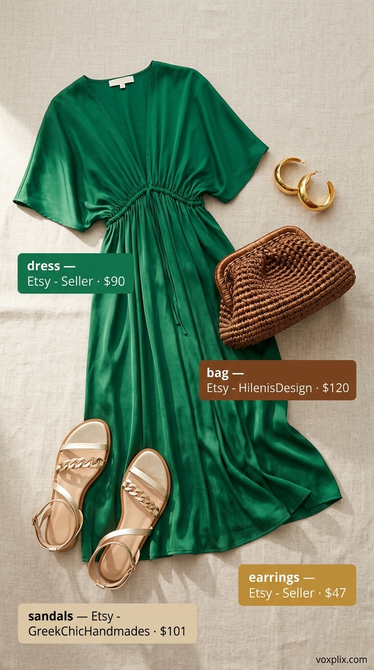 Comfy oversized summer outfits for women 2026: Emerald green caftan dress, gold sandals, and metallic clutch for resort evenings.