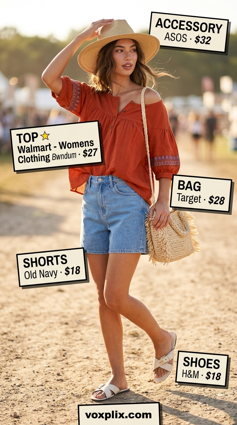 Comfy oversized summer outfits for women 2026: Denim shorts, peasant blouse, straw fedora, and gladiator sandals for festival style.
