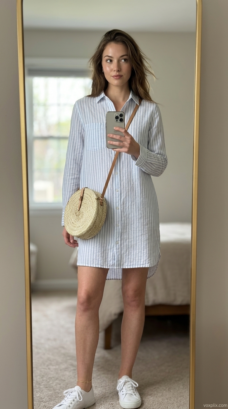Comfy oversized summer outfits for women 2026: Sky blue linen shirt dress, espadrilles, and straw crossbody for lakeside lunch.