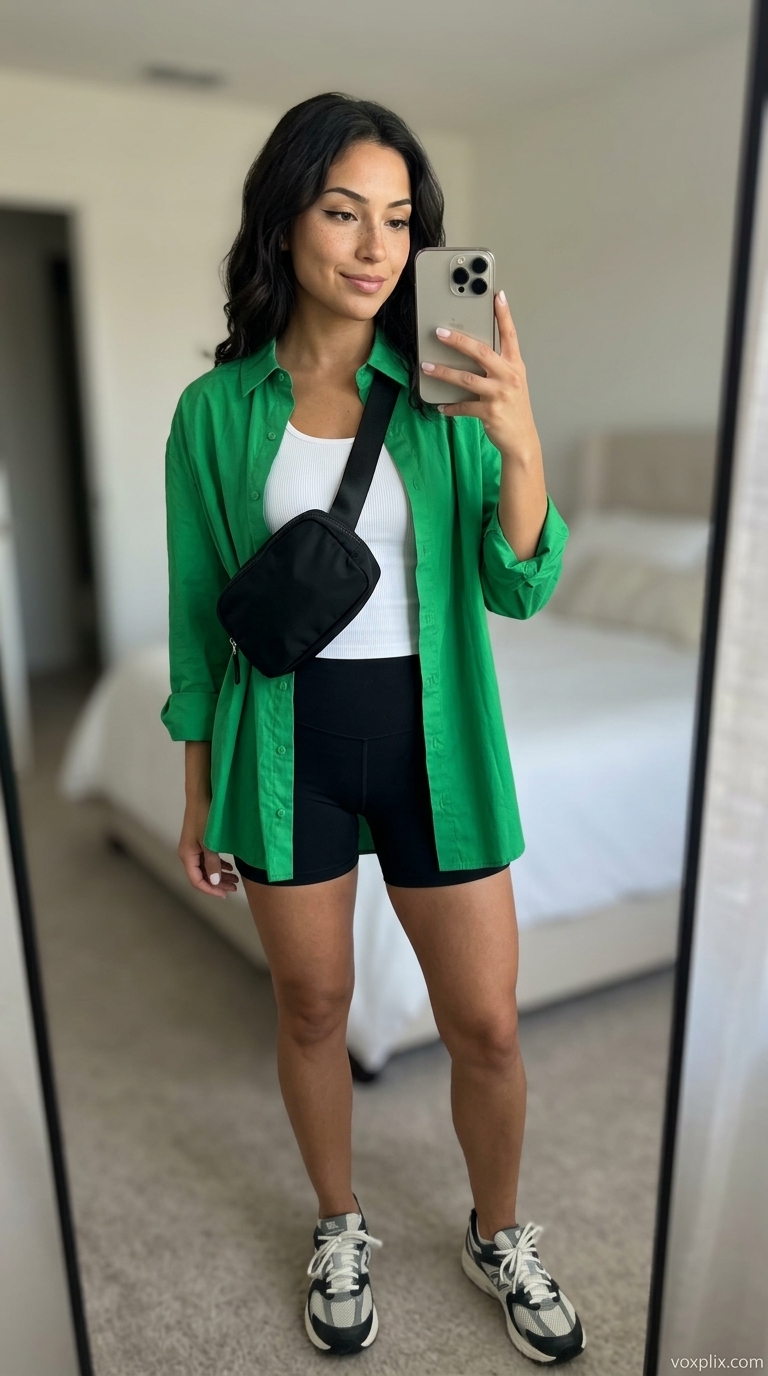 Comfy oversized summer outfits for women 2026: Green oversized shirt, biker shorts, belt bag, and sneakers for casual errands.