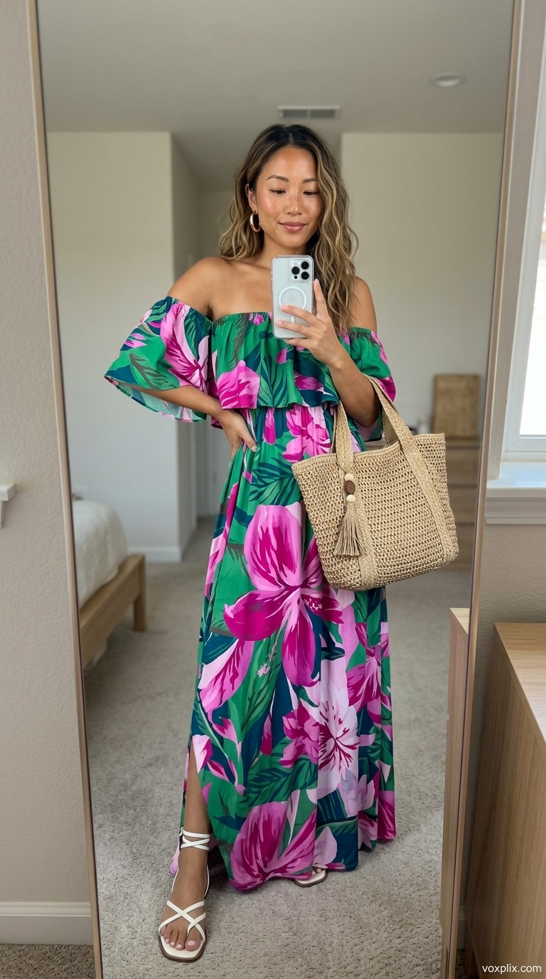 Comfy oversized summer outfits for women 2026: Emerald floral maxi dress, cat-eye sunglasses, strappy sandals for tropical escape.