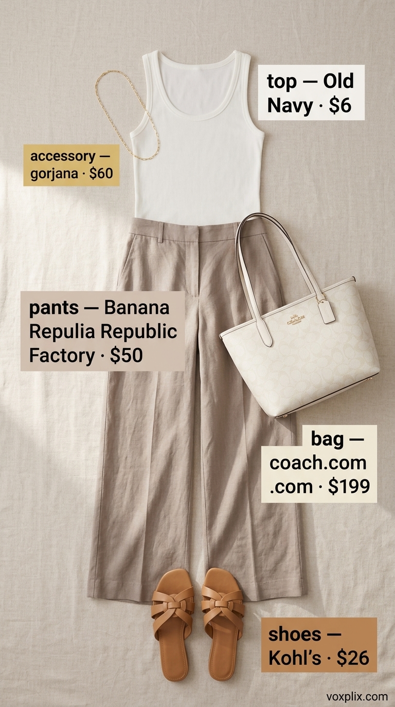 Beige linen pants and off-white tank for comfy oversized summer outfits for women 2026, styled with tan sandals and canvas tote.