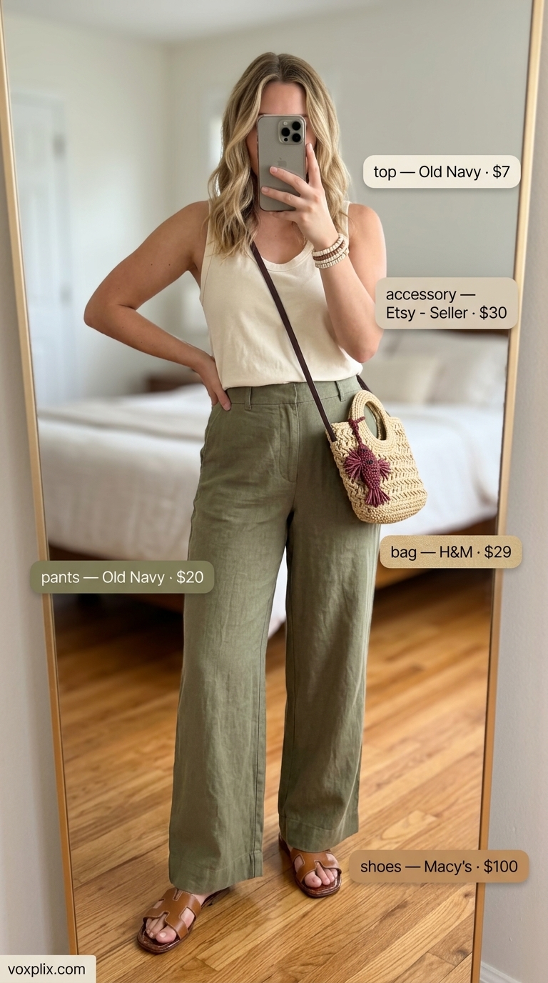 Comfy oversized summer outfits for women 2026: Khaki linen pants, cream tank, & straw bag for casual summer evening.