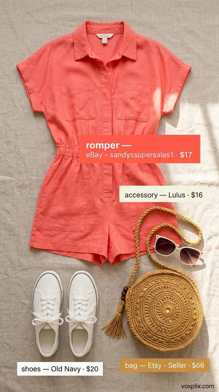 Coral linen romper for comfy oversized summer outfits for women 2026, styled with raffia bag and white sneakers.